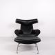 Ox Chair mit Hocker Modell EJ100 aus Schwarzem Leder von Hans J. Wegner für Fredericia Furniture