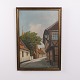 Ölgemälde auf Leinwand mit Straßenszene, Fachwerkhaus und Kirchturm, signiert, ca. 1930–1950