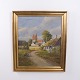 Ölgemälde auf Leinwand mit Dänischem Dorfmotiv, Reetgedeckten Häusern und Kirchturm, ca. 1930–1950