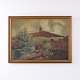 Ölgemälde mit Landschaft, Hügel und Turm im Goldrahmen 57 x 77 cm