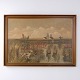 Ölgemälde mit Feuchtgebiet, Schilf und Hund im Goldbraunen Profilierten Rahmen 75 x 105 cm
